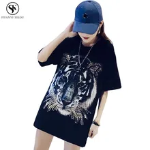 Летняя женская одежда, уличная Футболка с блестками и принтом тигра, Женская свободная модная футболка больших размеров, LGP257