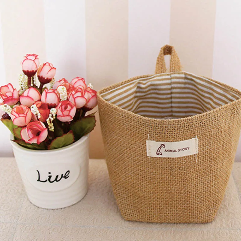 

1pcs Jute Semicircle Pouch Home Decor Sundries Organizer Eco-friendly Toy Storage Barrel Hanging Storage Bag Home Storage Tools