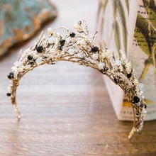 Rosa/Negro Crystal Beads Nupcial Tiara de La Boda Tiara Celada De La Corona de Moda Hecha A Mano de Oro Accesorios Para el Cabello Diadema Nupcial