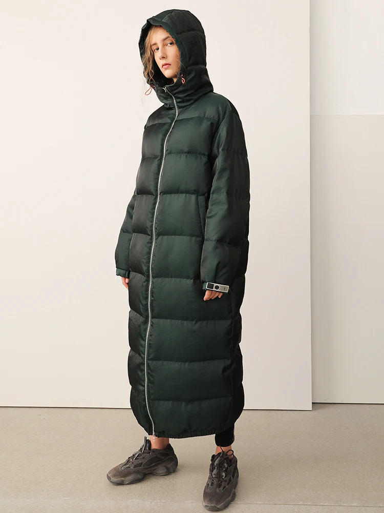 IRINAY046 2018 New Collection special fabric shiny dark green simple long oversized white duck down jacket winter coat women