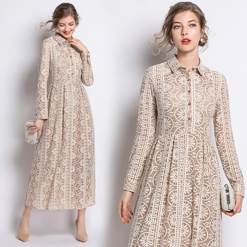 

European and American 2019 Fall Winter Women Long Sleeve Lace Dress Big Size Elegant Lady Long Party Dressess Vestidos Bottoming