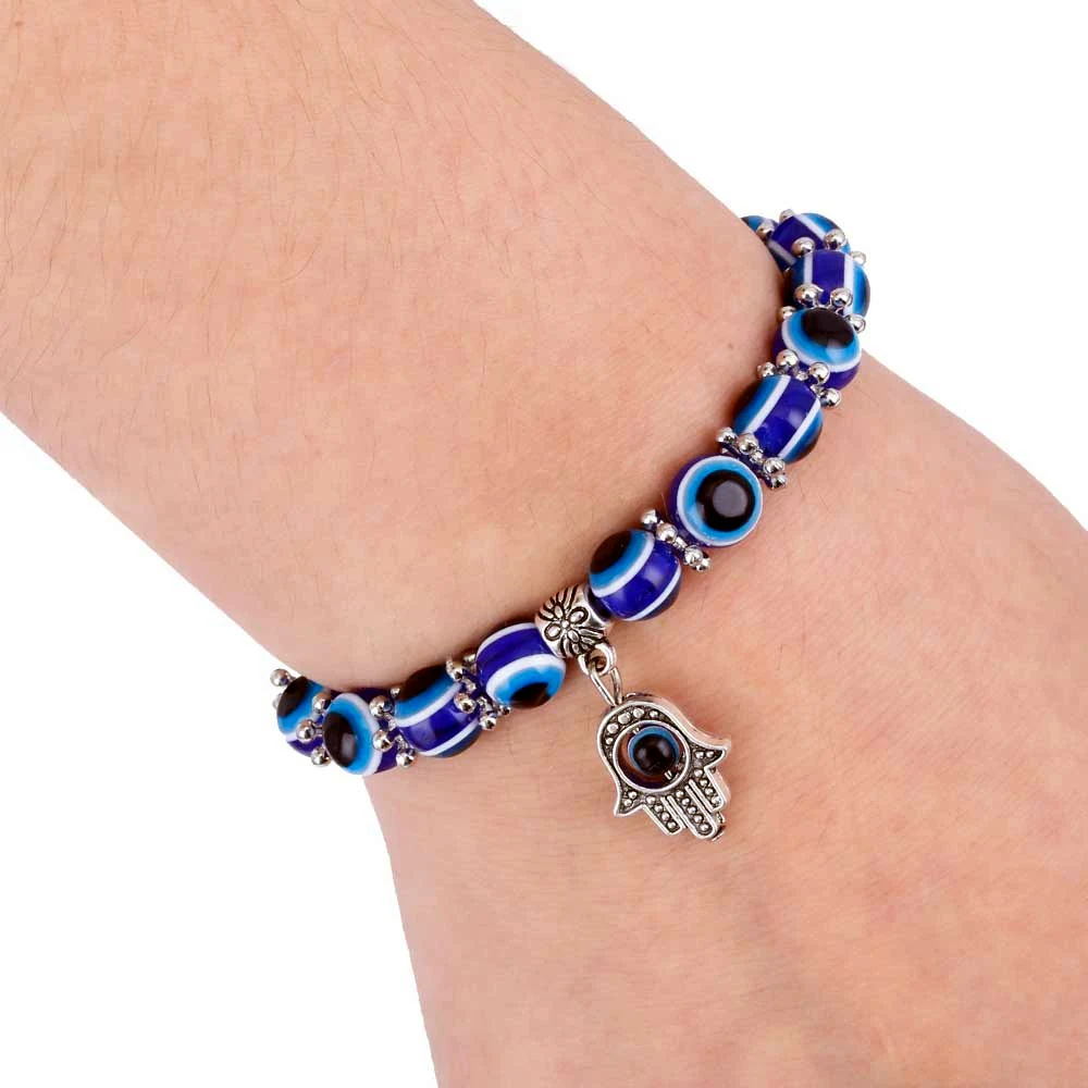 De moda de Color de plata azul de mal de ojo Hamsa la mano de Fátima Palm pulseras para las mujeres de la pulsera del encanto de estilo étnico joyería hecha a mano