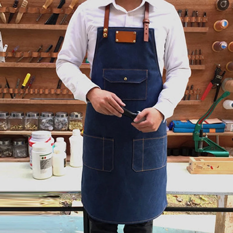 Blue Practical Working Denim Bib Apron With Leather Strap For Barista Chef Barber Pocket Studio Uniform