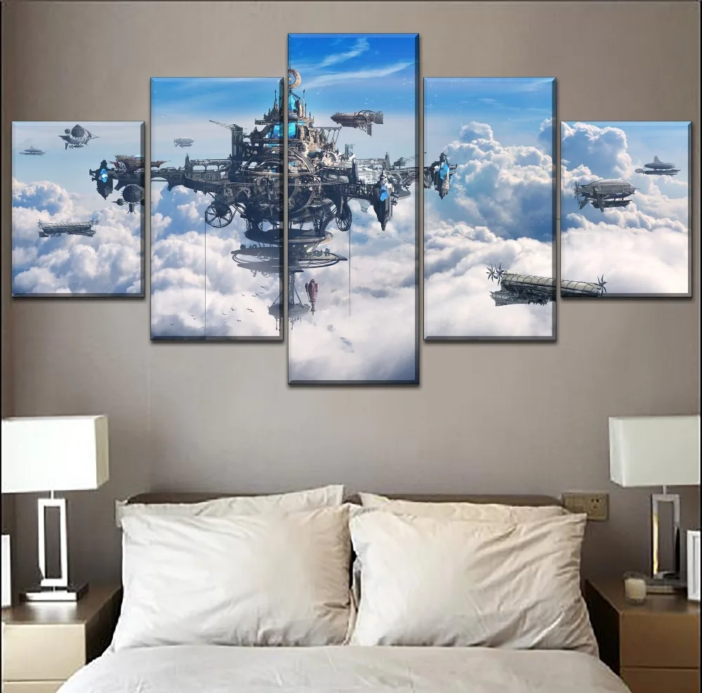 

HD Print Picture 5 Piece Blue Sky Sci Fi Steampunk City And Airship Painting Wall Art Modular Canvas Poster Home Decorative
