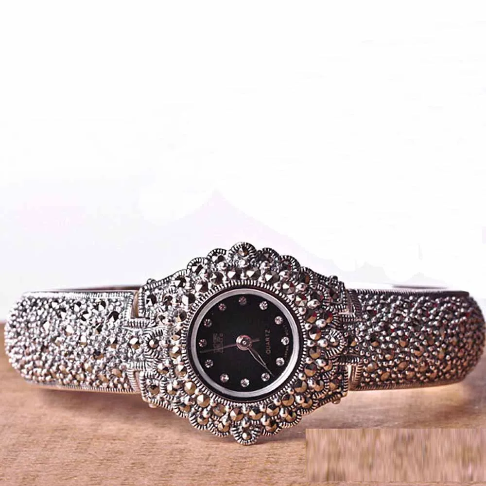 Women Pave Marcasite Black 925 Sterling Silver Retro Wrist Watches Classic Thai Silver Bracelet Hot Sale Real Silver Bangle