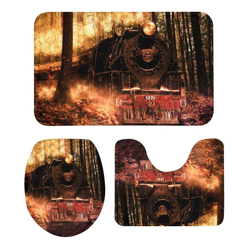 

3Pcs Toilet Seat Cushion Suit Vintage Train 3D Printing Rug Anti-Slip Suction Grip Bath Mats Kitchen Washroom Bathroom Doormats