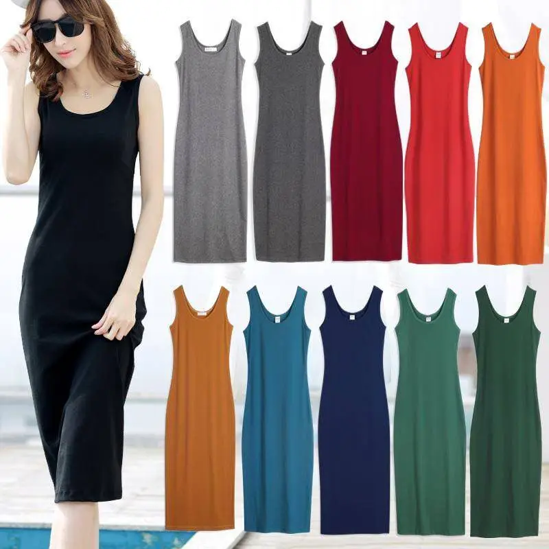 

Base Dress Long Halter Tank Plus-size Women's Fat Dress Spring Summer Student Base Sleeveless O-Neck Solid Black Orange Red Grey