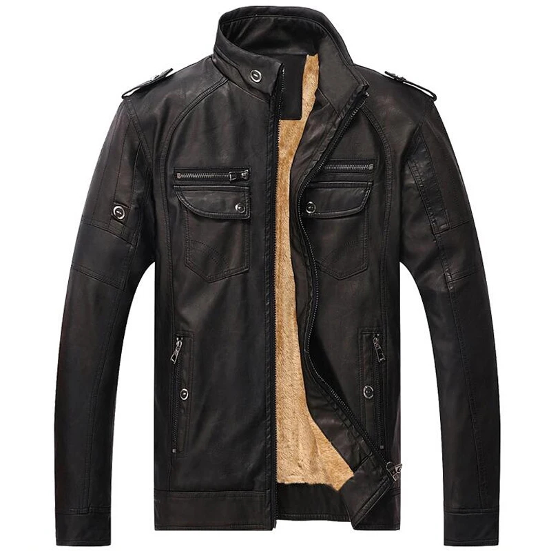 Зимняя мужская куртка со стоячим воротником, мотоциклетная кожаная куртка, плюс бархатная помытая ретро искусственная кожа, мужская кожаная куртка, плотные теплые пальто