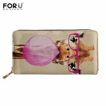 

FORUDESIGNS Girl Long PU Wallets Funny Cartoon Animal Giraffe 3D Printed Woman Zipper Waterproof Purse Fashion Big Card Holder