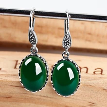 925 серебряный Ретро природный зеленый халцедон агат овальные серьги женские стильные