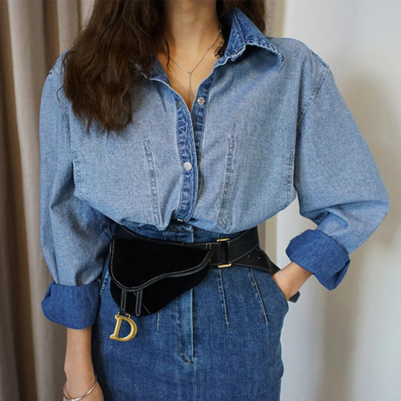 Genayooa Demin Shirts For Women Korean Streetwear Women Blouses And Shirts For Ladies Long Sleeves Turn Down Blouse Femme 2019