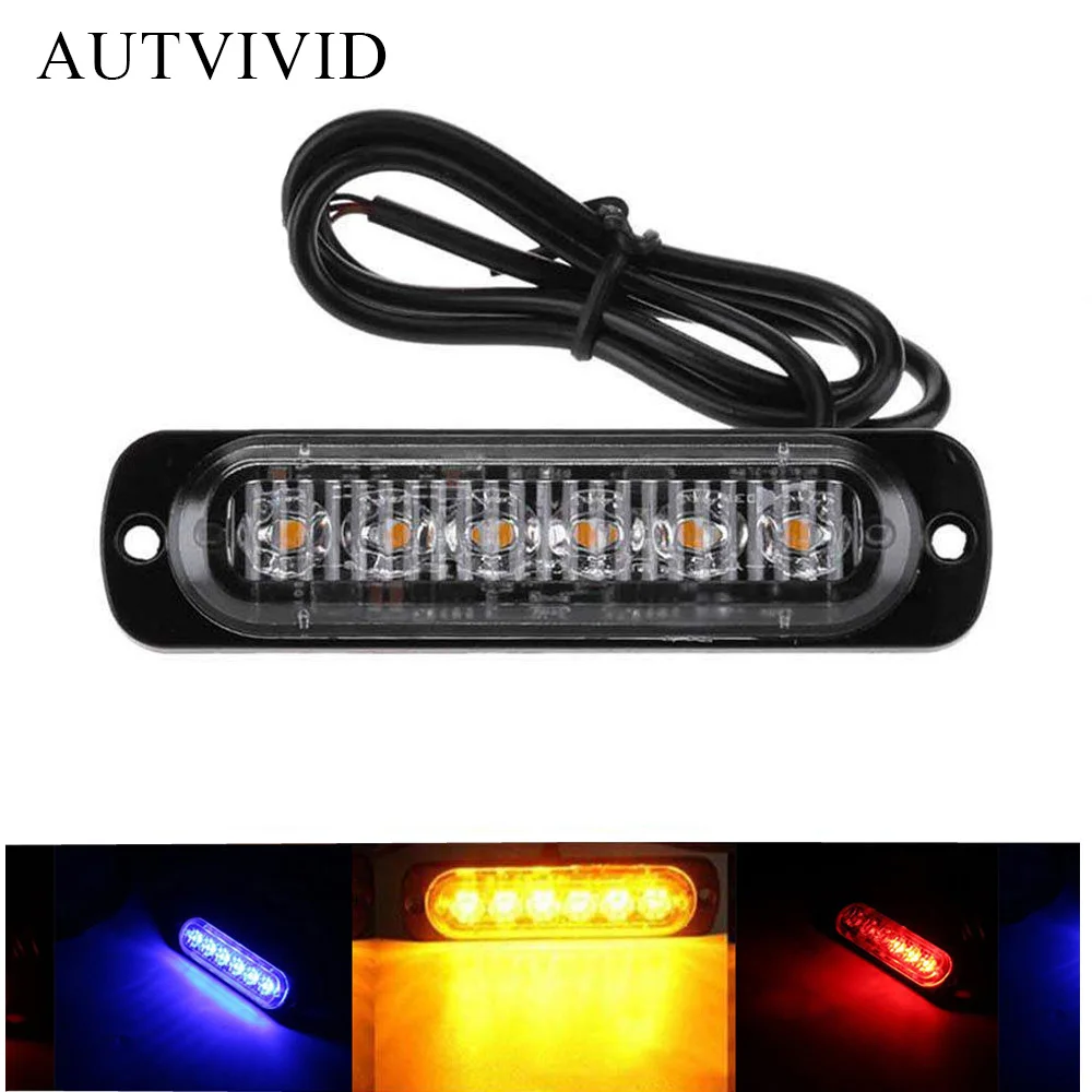Autvivid 1 pcs Car Truck 6 LED Strobe Light Flash Emergency Hazard Warning Amber white red blue