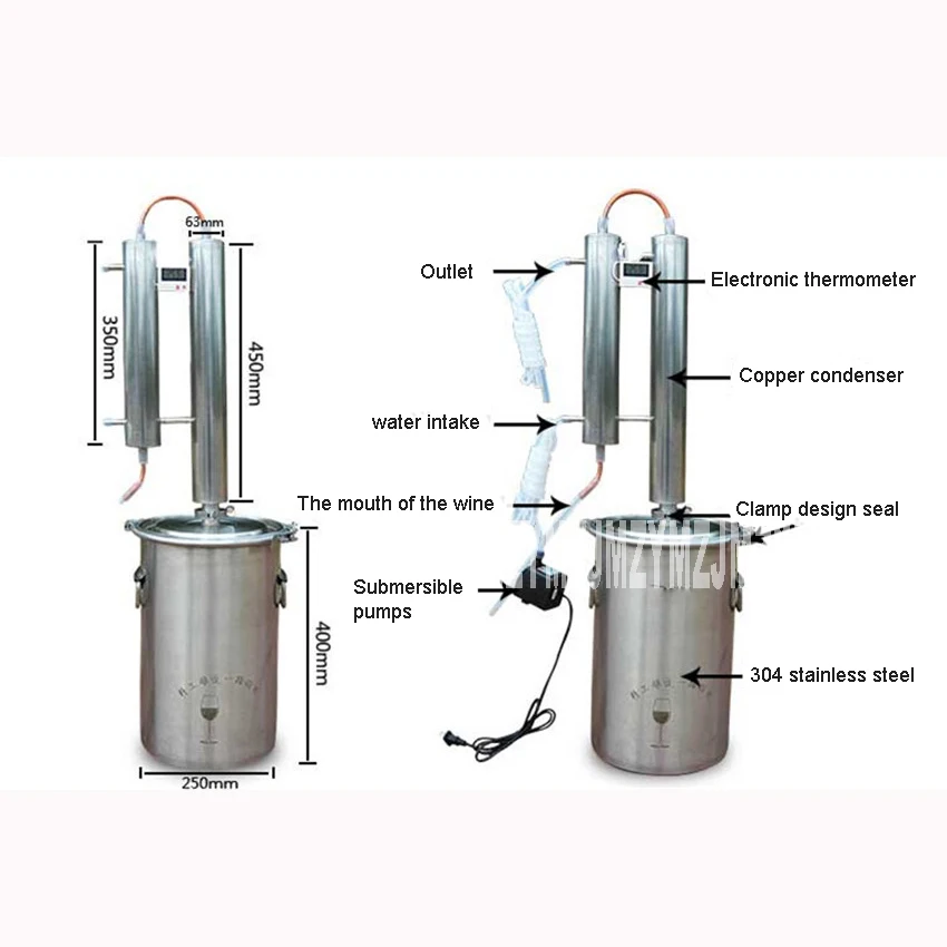 304 Нержавеющая сталь 35L дистиллятор для самостоятельного изготовления виски башня красный Медь змеевик охлаждения на домашнего пивоварения, водки, виски, бренди