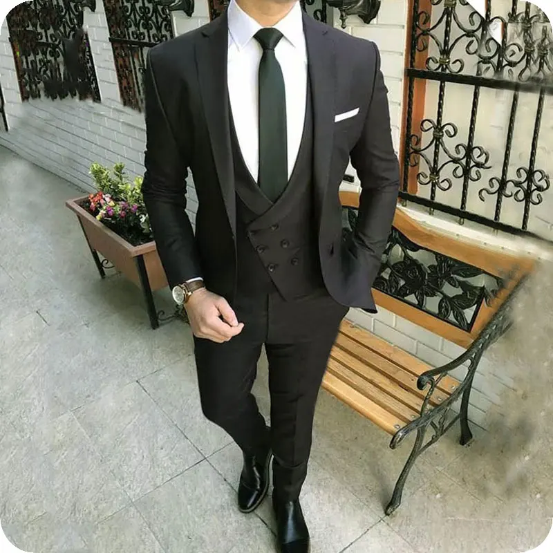 Double Breasted Vest Slim Fit Black Men Suits for Wedding Suits Blazers Jacket Groom Tuxedos Best Man Suits with Pants 3 Pieces stand lapel   men suits for wedding men suits with pants smart casual best man blazers jacket 2 pieces slim fit groom tuxedo