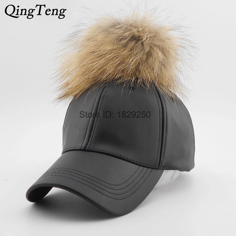 fitted brown leather baseball cap caps real mink pom poms font hat fitted brown leather baseball cap caps real mink pom poms font hat