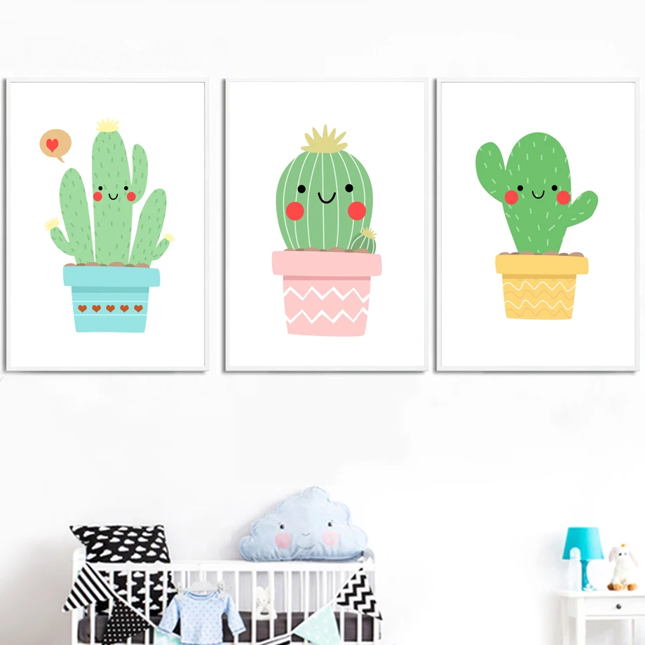 

Cartoon Abstract Cute Succulent Cactus Wall Art Canvas Painting Nordic Posters And Prints Wall Pictures Baby Kids Room Decor