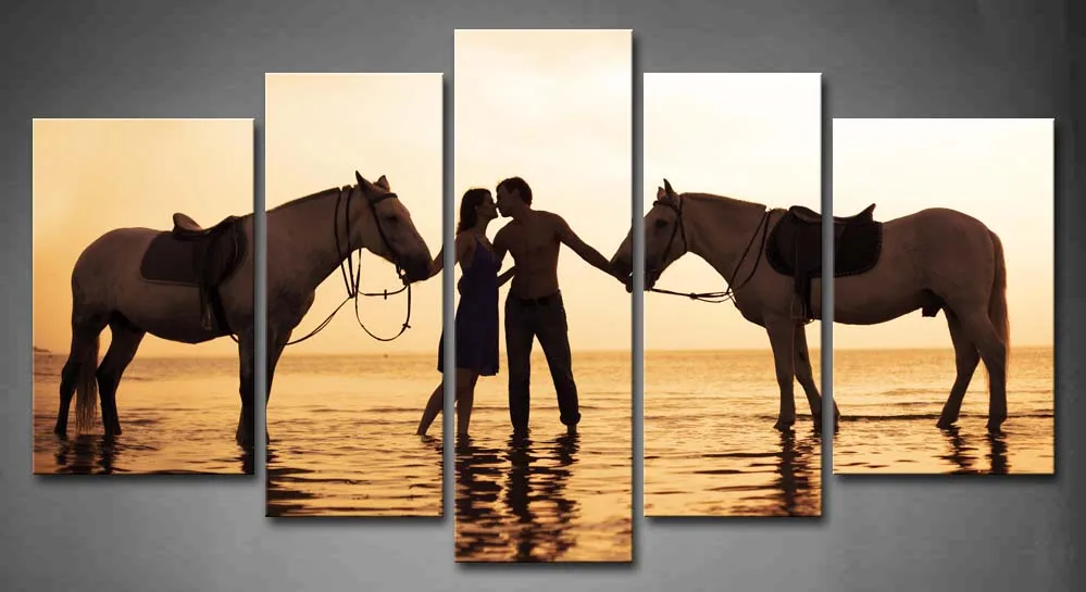 

Framed Wall Art Pictures Couple Sunset Sea Horse Canvas Print Artwork Animal Posters With Wooden Frames For Living Room