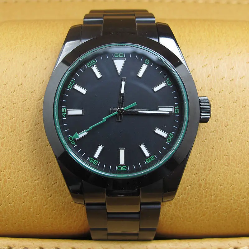 

40MM Black Sterile Dial PVD Case Sapphire Crystal Green Flash Second Hand Luminous Marks Automatic Movement Men's Watch B2A