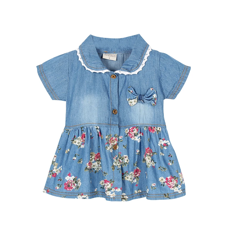 

Summer Baby Girls Dress Outfits Kid Girls Flower Jean Dress Cute Girls Bow Denim Dress Kid Fashion Short Slevee Lapel Dress ZV37