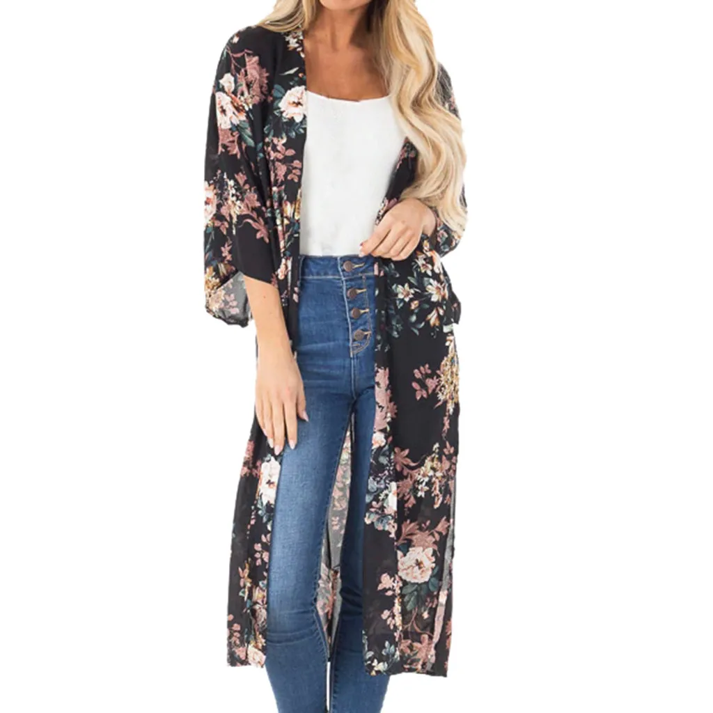 

2019 Fashion Floral Printing Cardigan Bikini Cover Up Chiffon Swimwear Women Swimsuit Long Smock Blouse Cape Kaftan Beach Pareos