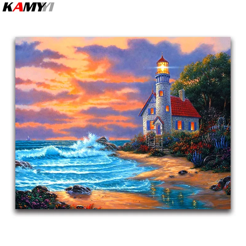 

DIY Diamond mosaic lighthouse Full square Diamond painting Cross stitch seaside house round Diamond embroidery sea Home Decor 12