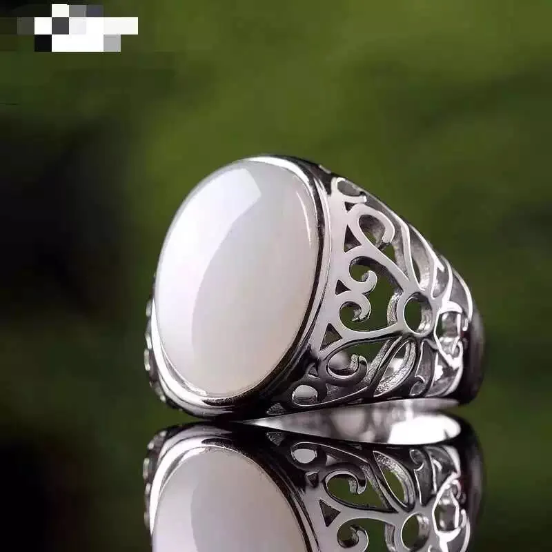 Men Ring White Jade ring 925 sterling silver Natural real Jade Fine gem