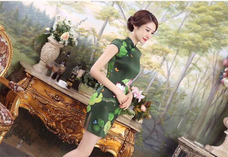 Sheng Coco женские темно-зеленые модифицированные короткие Cheongsam платья с рисунком лотоса атласная Женская одежда современная мода китайский