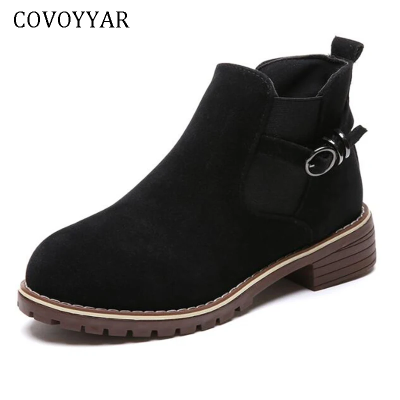 

COVOYYAR 2018 Ankle Boots Women Buckle Autumn Winter Slip on Flat Short Boots Flock Platform Lady Booties Woman Shoes WBS498