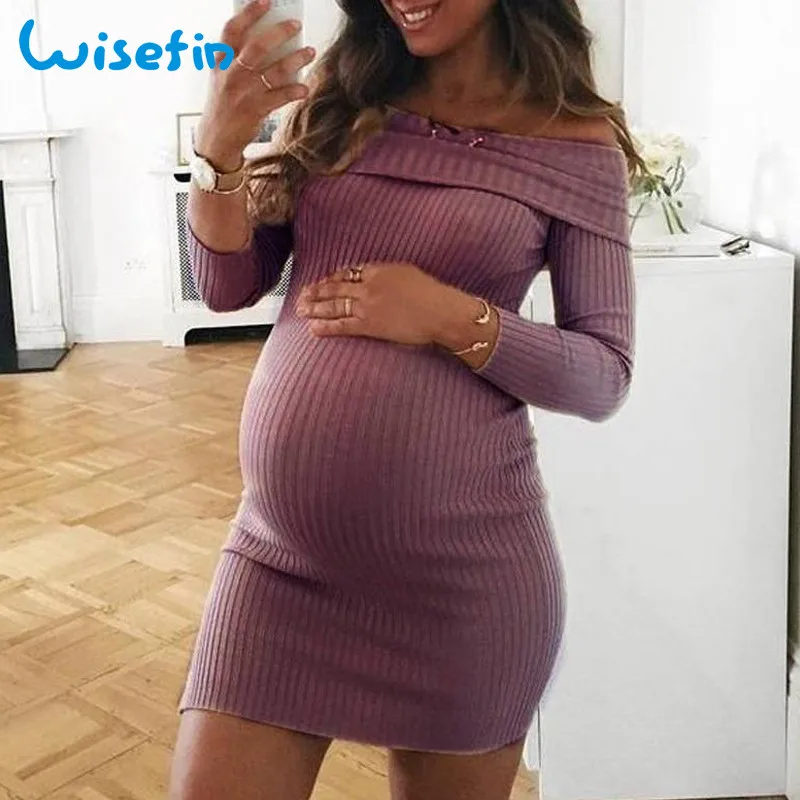 С открытыми плечами для беременных Платья с длинным рукавом Беременность одежда осень Беременность платье для беременных Платья-свитеры vestidos robe P30 - Цвет: Фиолетовый