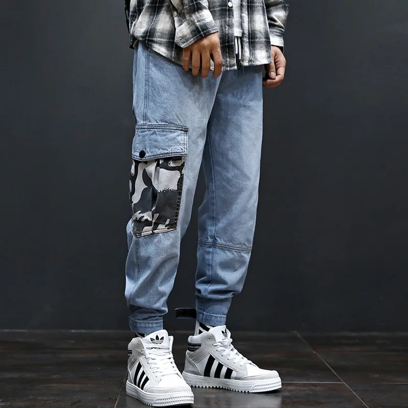 

Fashion Patchwork large pocket Men's Jeans Boys Loose Casual Ankle-Length Harem retro Pants Jeans Trousers Large Size S-4XL