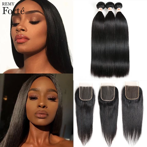 Pacotes com Fecho Feixes de Cabelo em Linha Reta com Fechamento Cabelo com Closue Remy Forte 28 Polegada Brasileira Pacotes Tecer Cabelo Remy