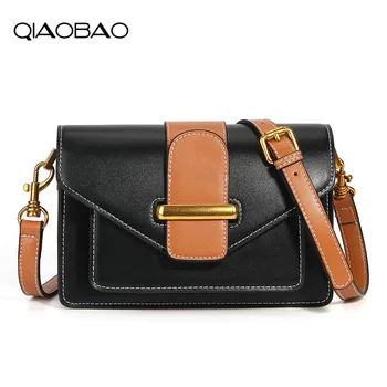 

QIAOBAO 2020 NEW Genuine Leather Flap Bag square package Korean fashion hit color leather handbags shoulder slant organ bag