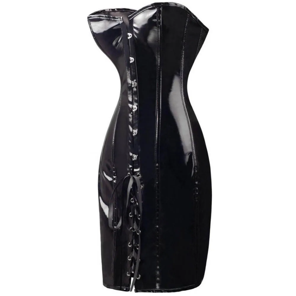FeelinGirl 2018 Black Long Leather Corset Sexy Gothic Corset Dress Shiny PVC Leather Boned Bustier top Lace Clubwear Corselet -B