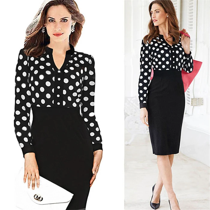 womens Office Dresses New Arrival 2015 Knee length Dot Straight Chiffon