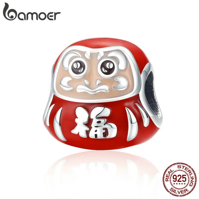 BAMOER 100% серебряные японские красные Эмалевые бусины Daruma подвески для женщин браслеты ювелирные изделия