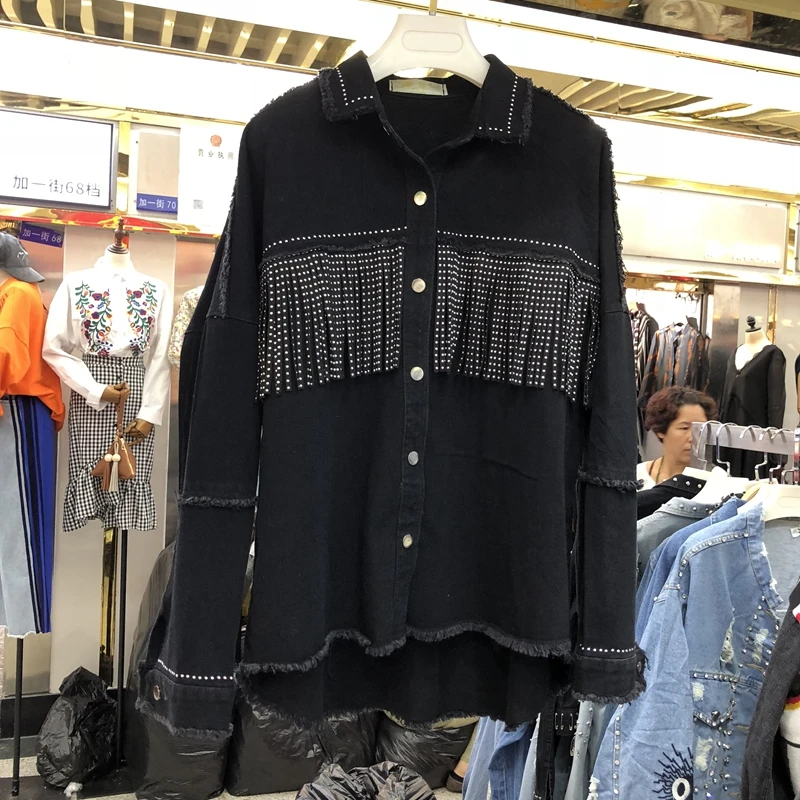 

2019 Fashion Women Long Sleeve Spring Autumn High street Tassel Black Denim Jacket Female Coat A828