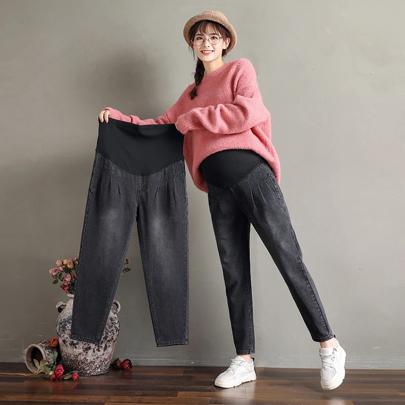 

296# Spring Autumn Black Denim Maternity Harem Jeans Adjustable Belly Loose Pants for Pregnant Women Slim Pregnancy Trousers