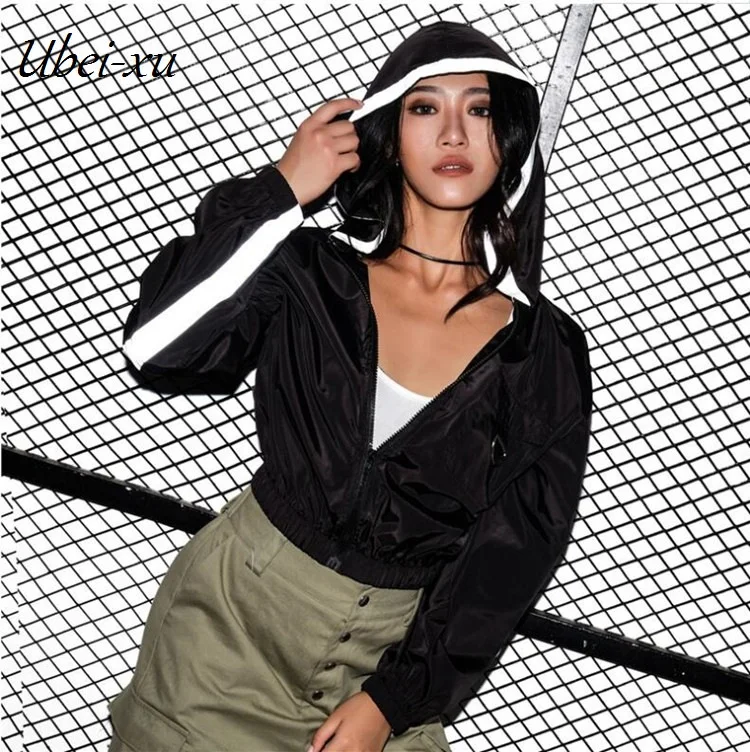 Ubei New Spring long-sleeved hooded thin fashion crop top short casual black reflective hoodies women Ubei New Spring long-sleeved hooded thin fashion crop top short casual black reflective hoodies women