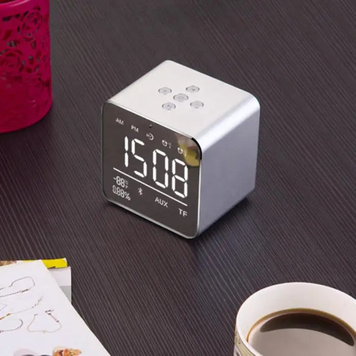 Hot Sale Wireless Bluetooth Speakers LED Alarm Clock LCD Digital Display Portable Mini Square Bass Speaker
