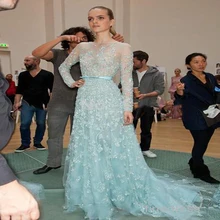 Роскошные Bling Bling Платья Знаменитостей Оболочка Sheer Лиф С Длинным Рукавом Аппликации Пояса Вечерние Платья Vestidos Де Феста