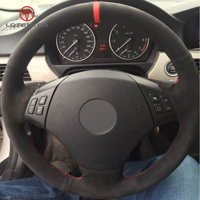 

LQTENLEO Black Suede DIY Hand-stitched Car Steering Wheel Cover for BMW E90 320 318i 320i 325i 330i 320d X1