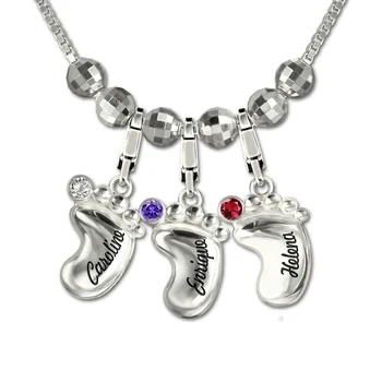 

Women's Personalized 3D Baby Feet Necklace Custom Engraved Name Birthstone Necklaces Silver 925 Chain for Mom Collier Ras Du Cou