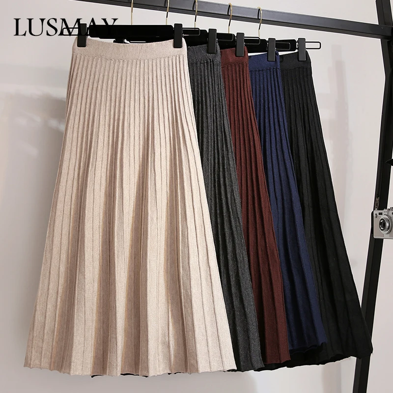 Pleated Long Knitting Skirts For Women 2018 New Fashion Autumn Winter