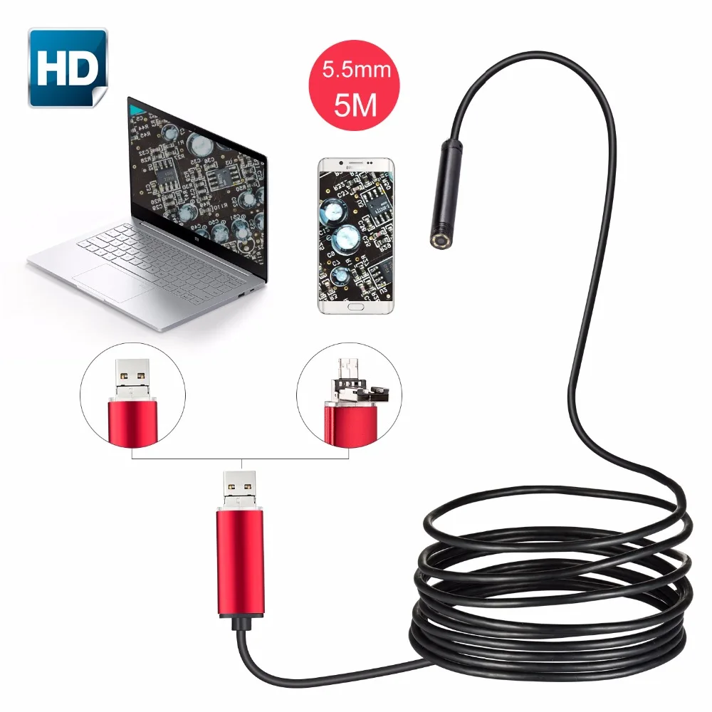 

6LED 5.5MM USB Endoscope Camera 5M Waterproof USB Wire Snake Tube Inspection Borescope For OTG Compatible Android Phones