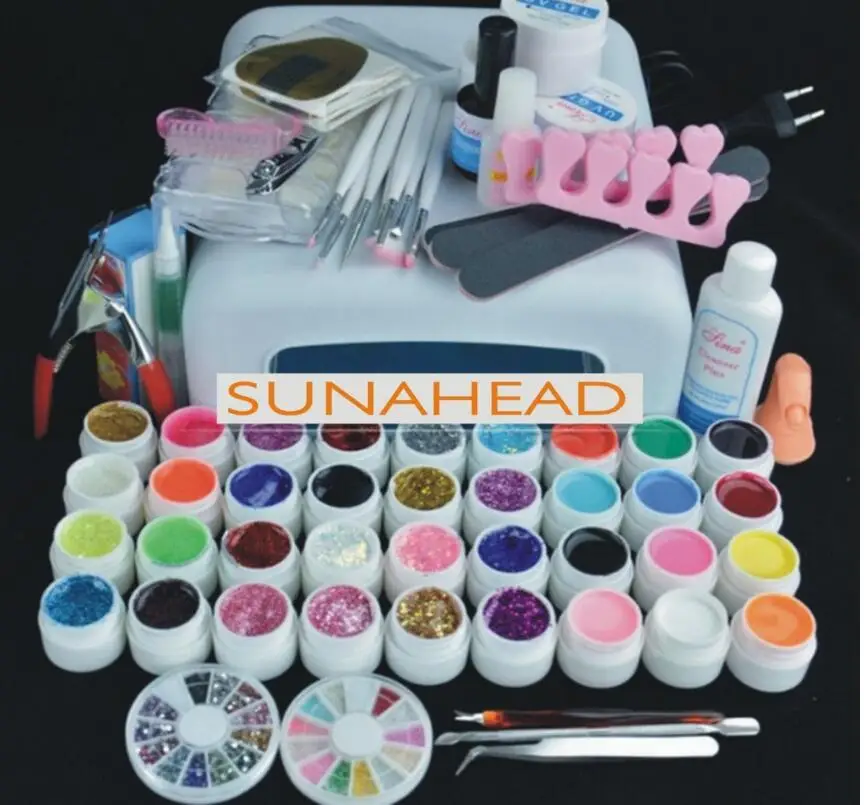 

36w lamp Pro 36 Color UV Gel Builder Nail Art brush pen cuticle fork Form Files tips Finger topcoat Base Cleanser plus Tool Kits