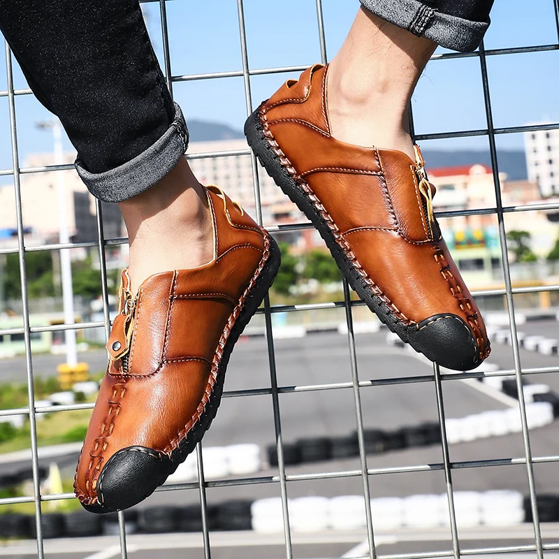 

Misalwa Fashion Driving Loafers Mens Moccasins Shoes Handmade Khaki Leather Skin-friendly Plus Size Round Toe Casual Boat Shoes