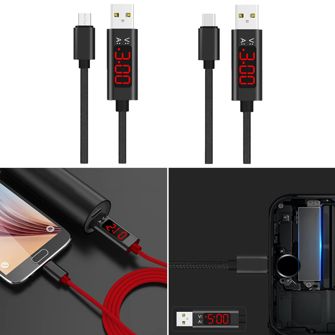 1M Micro USB Type-C Cable Type C Voltage Current Tester Meter Display Nylon Braided Fast Charging For Samsung S9 Note 8 Android