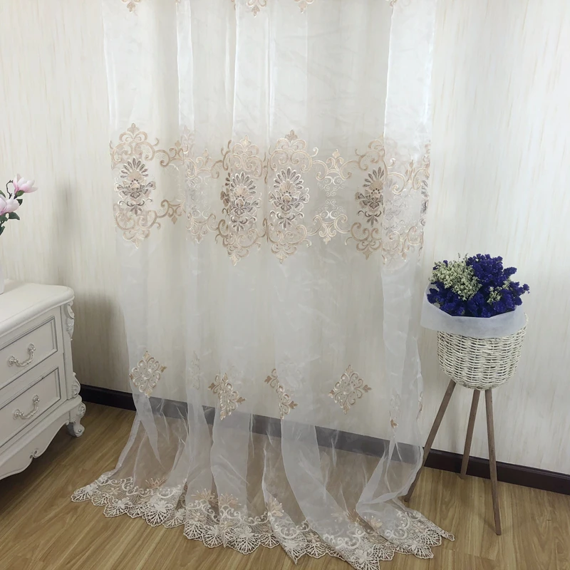 Luxury European Water Soluble Embroidery Sheer Curtain for Living room Tulle Bottom Gold Lacework Window Screen Custom WP160H