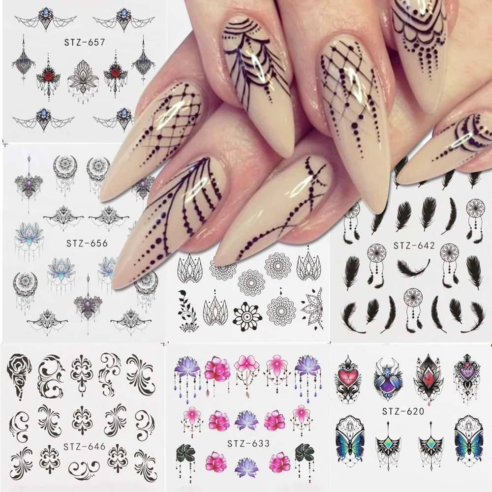 

1pcs Black Flower Slider Nail Art Sticker Jewelry Watermark Lace Design Decorations Nail Wrap Decals Style Manicure LASTZ608-658