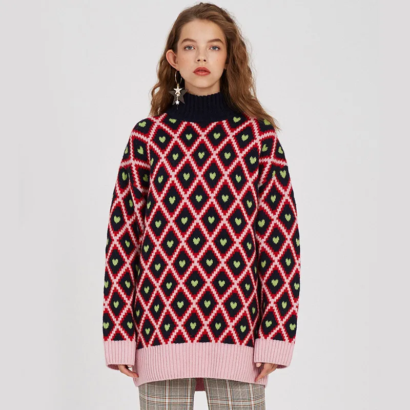 

TREND-Setter 2018 Autumn And Spring Fashion Argyle Knitting Sweater Women Casual Loose Pullovers With Heart-shaped